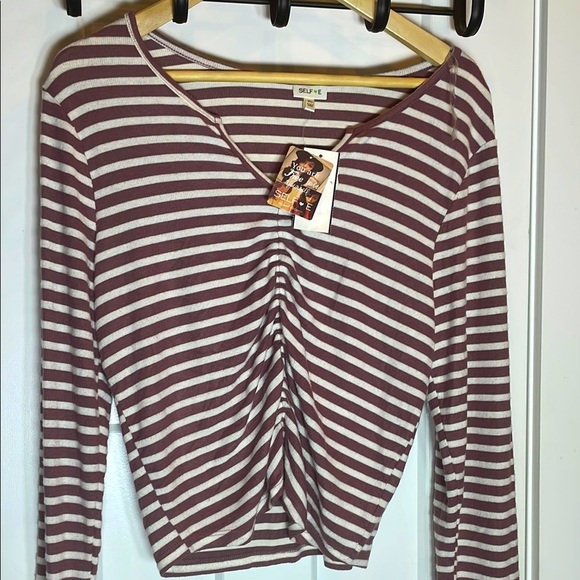 Sky Tops - Sky Striped V-Neck Long Sleeve Top - Burgundy and White